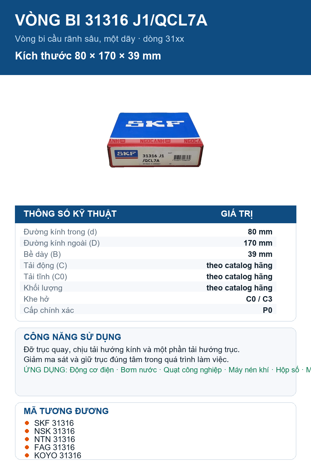 Vòng bi SKF 31316 J1/QCL7A 80x170x39mm — Ảnh thông số (Pinterest)
