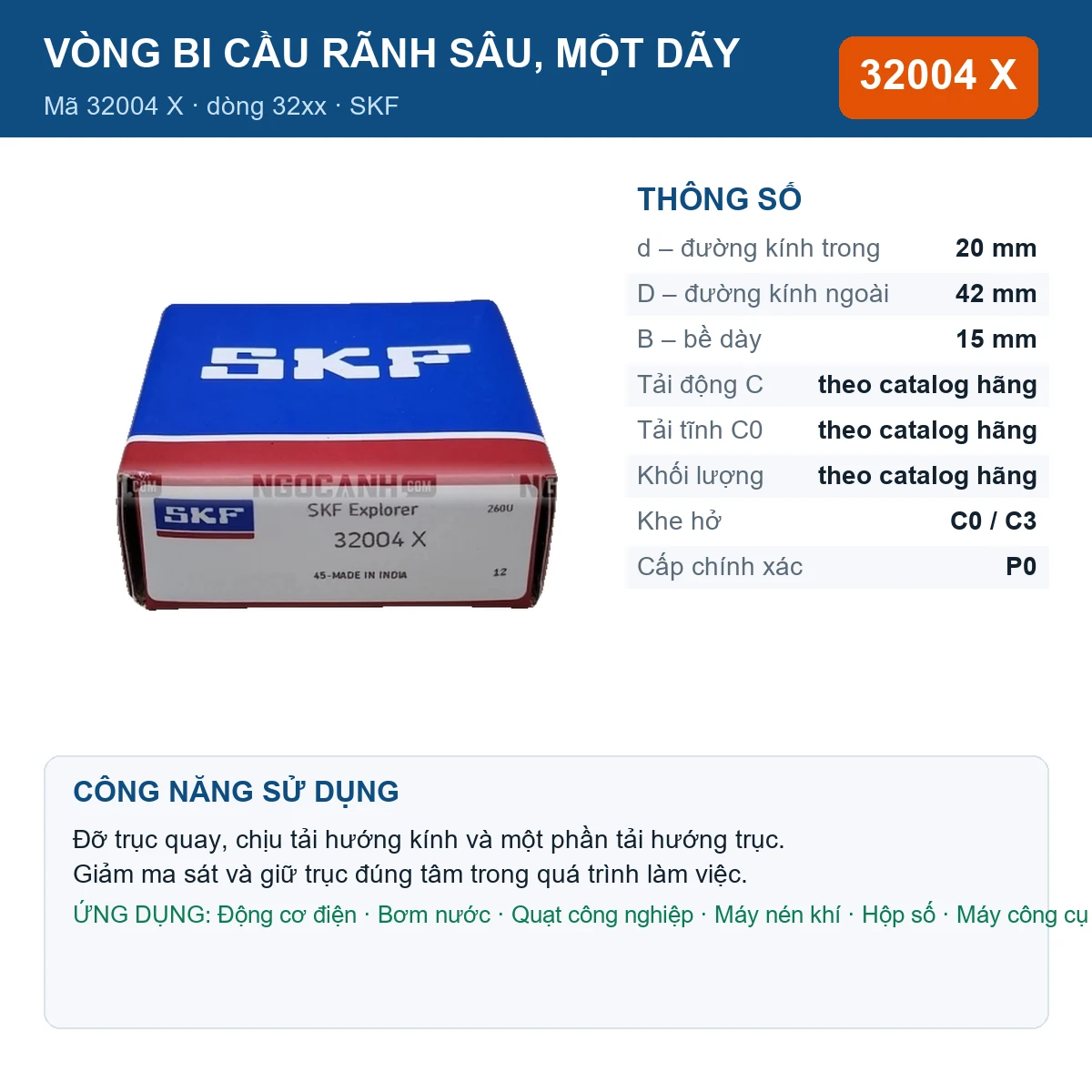 Vòng bi SKF 32004 X — kích thước 20x42x15mm