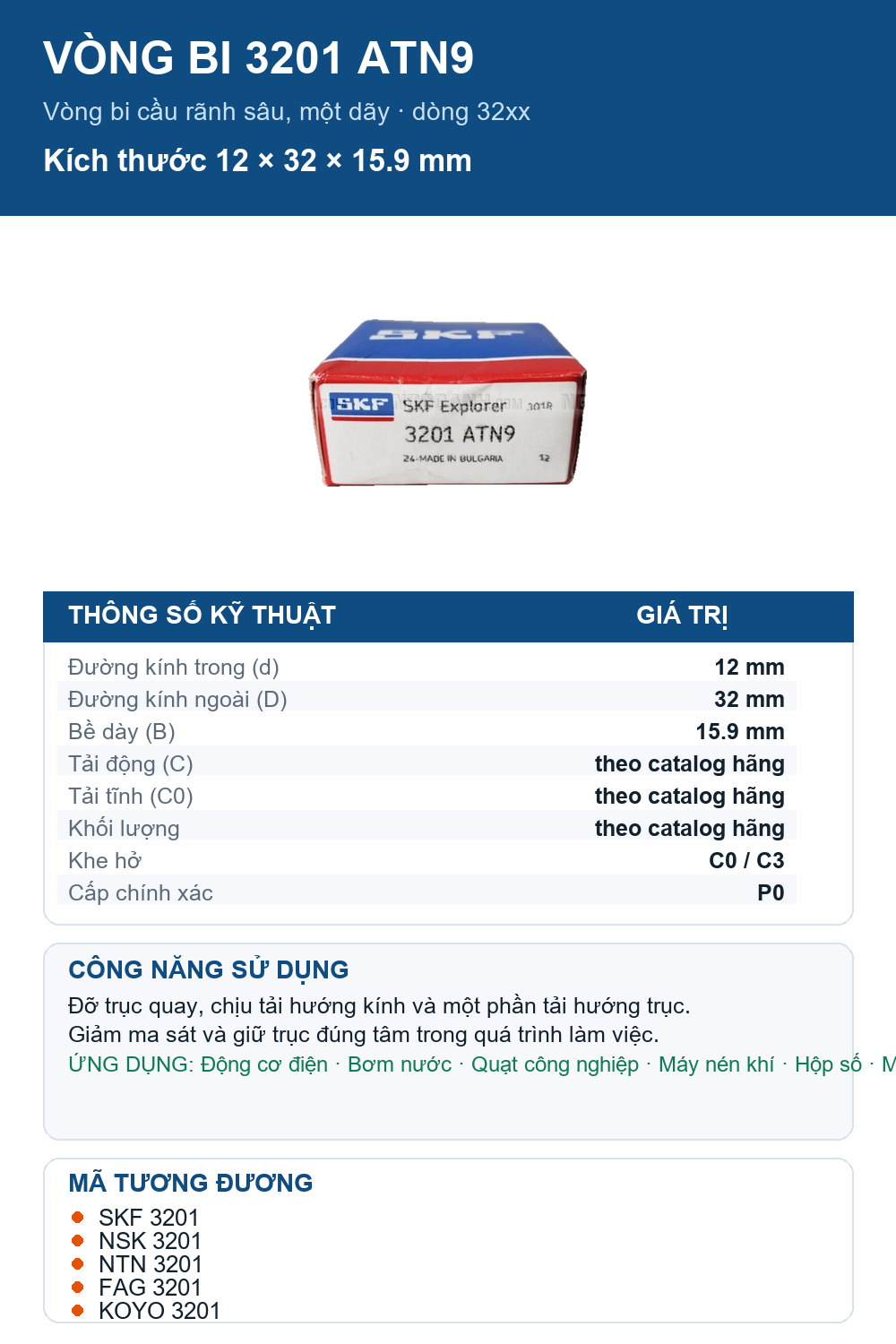 Vòng bi SKF 3201 ATN9 12x32x15.9mm — Ảnh thông số (Pinterest)
