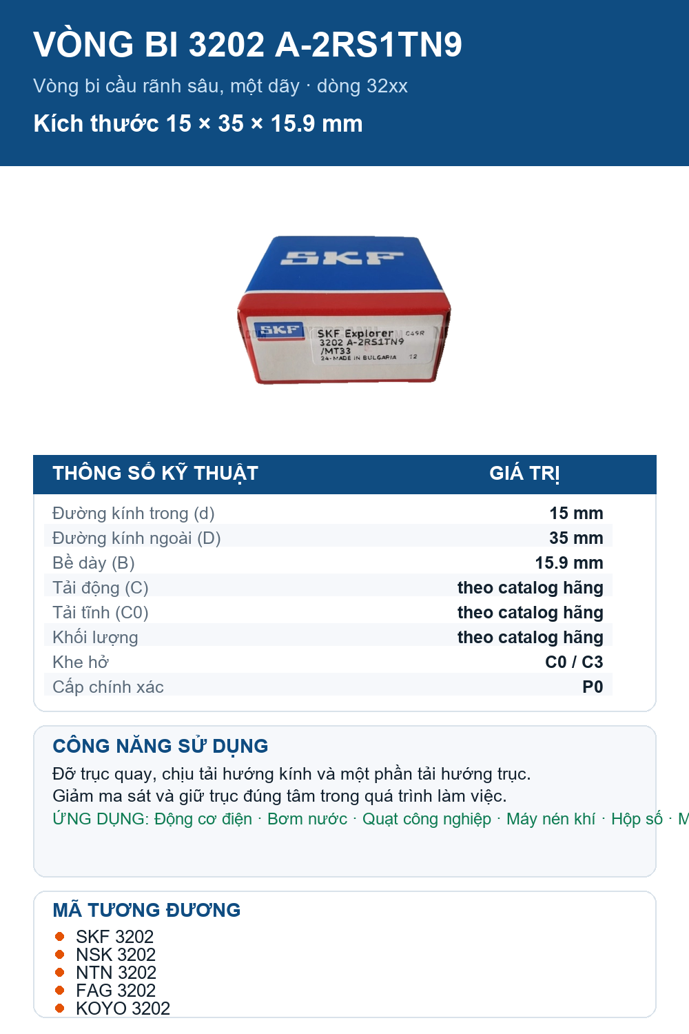 Vòng bi SKF 3202 A-2RS1TN9 15x35x15.9mm — Ảnh thông số (Pinterest)