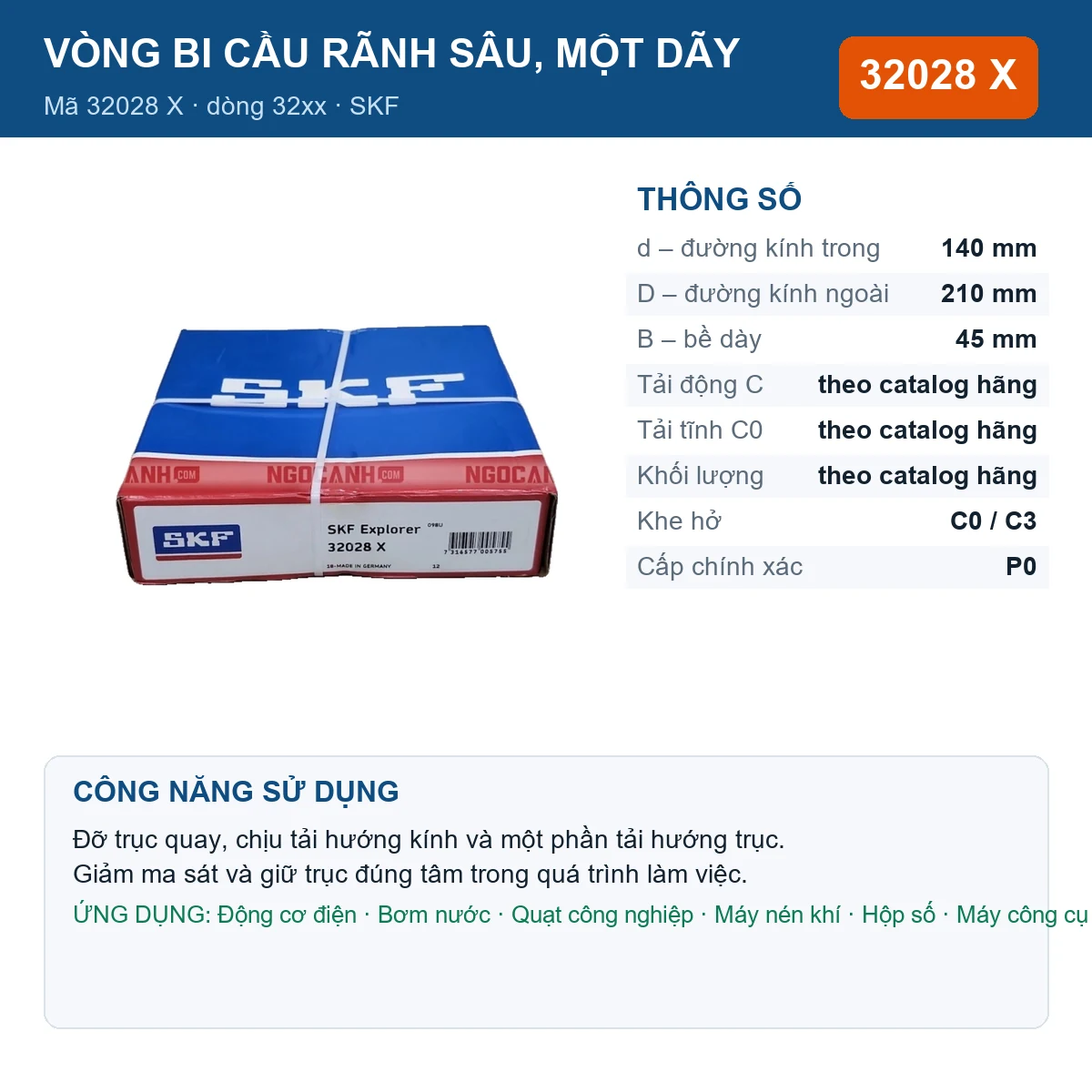 Vòng bi SKF 32028 X — kích thước 140x210x45mm