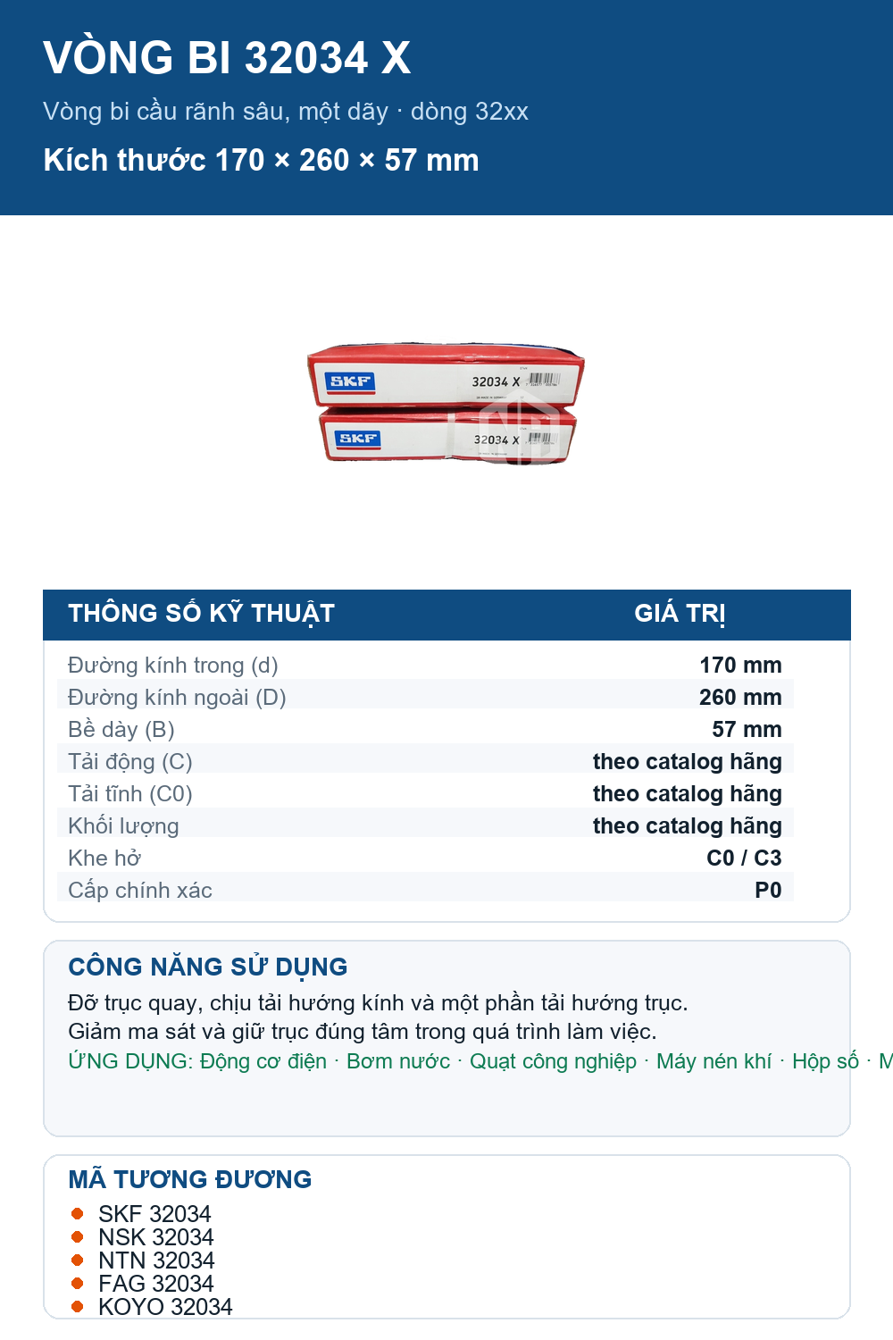 Vòng bi SKF 32034 X 170x260x57mm — Ảnh thông số (Pinterest)