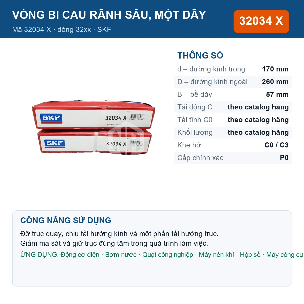 Vòng bi SKF 32034 X — kích thước 170x260x57mm