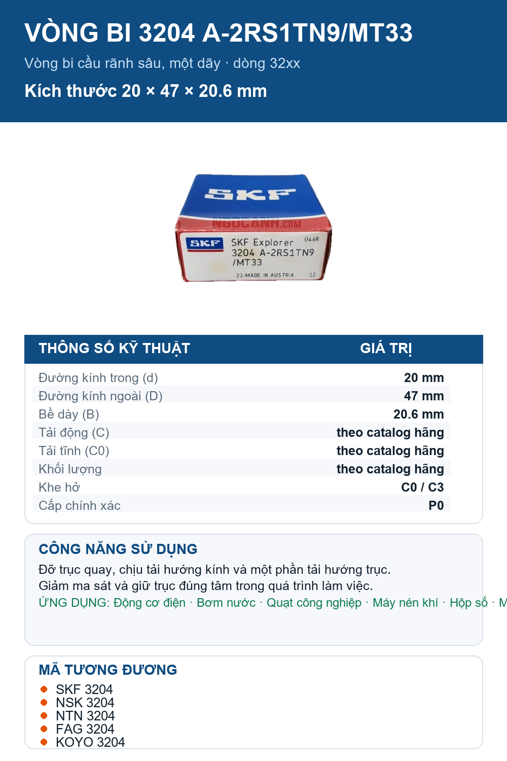 Vòng bi SKF 3204 A-2RS1TN9/MT33 20x47x20.6mm — Ảnh thông số (Pinterest)