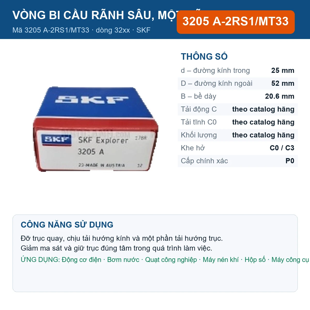 Vòng bi SKF 3205 A-2RS1/MT33 — kích thước 25x52x20.6mm