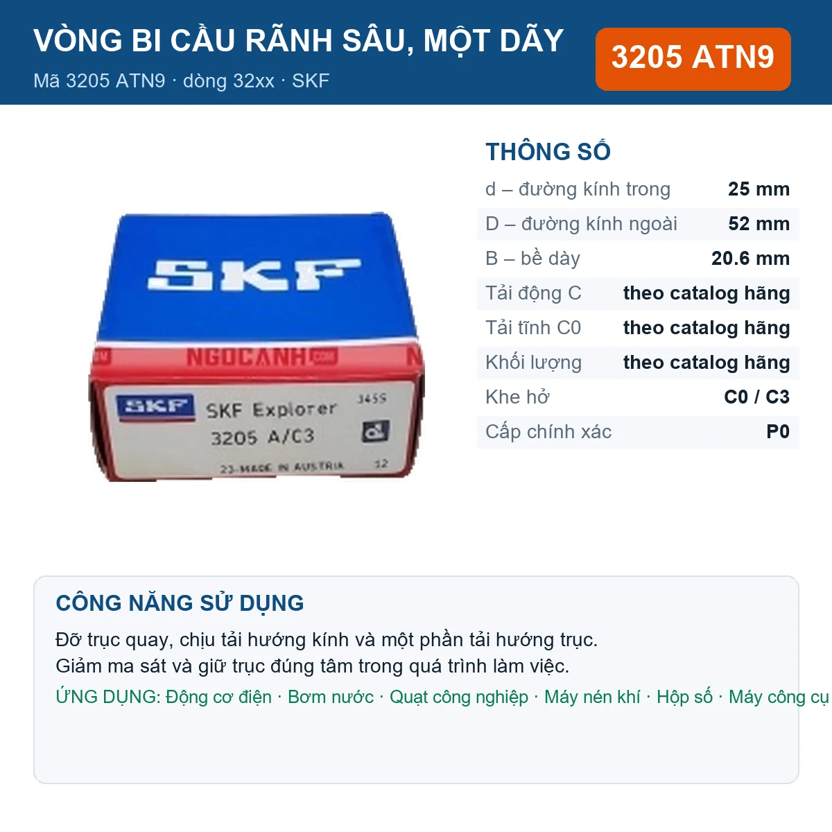 Vòng bi SKF 3205 ATN9 — kích thước 25x52x20.6mm