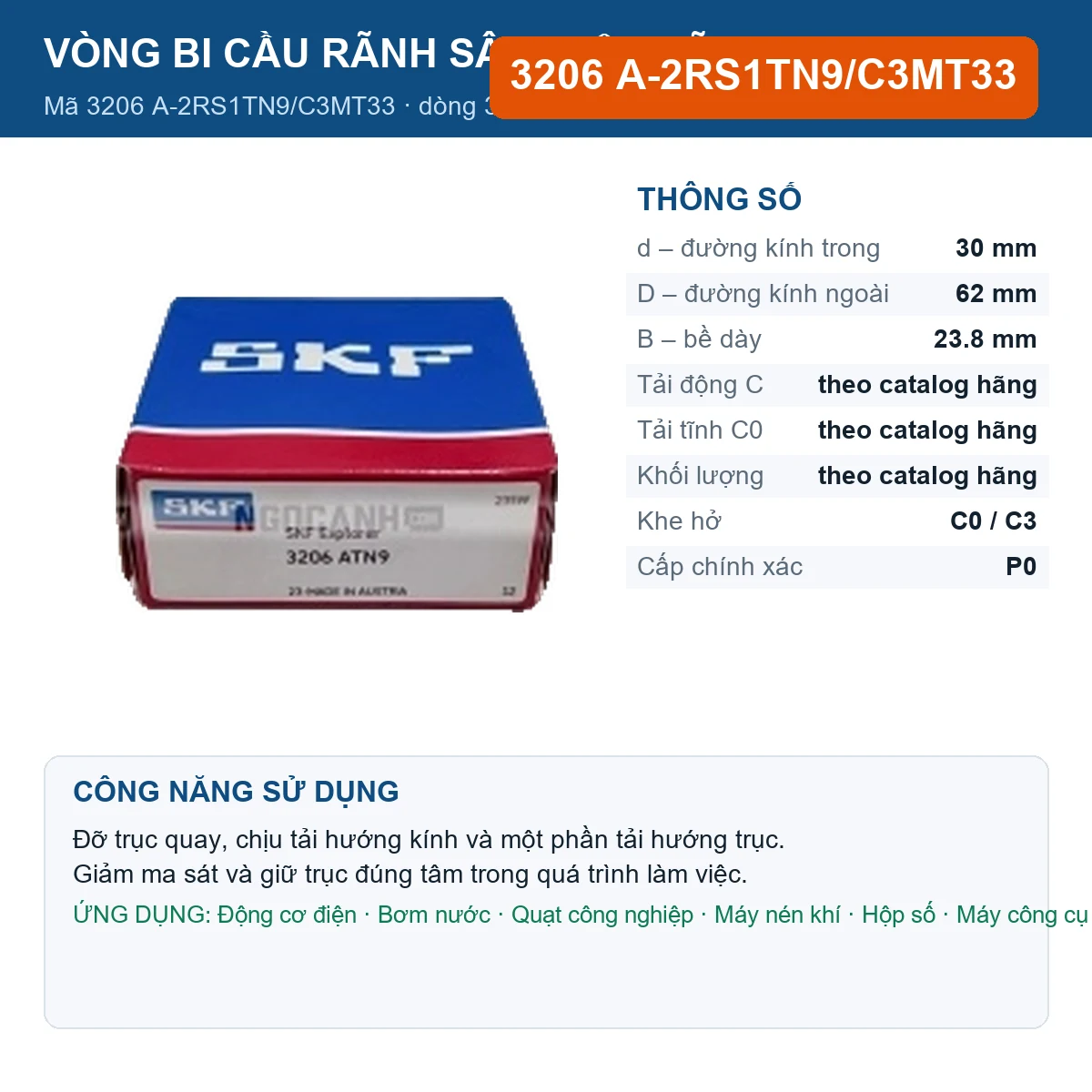 Vòng bi SKF 3206 A-2RS1TN9/C3MT33 — kích thước 30x62x23.8mm