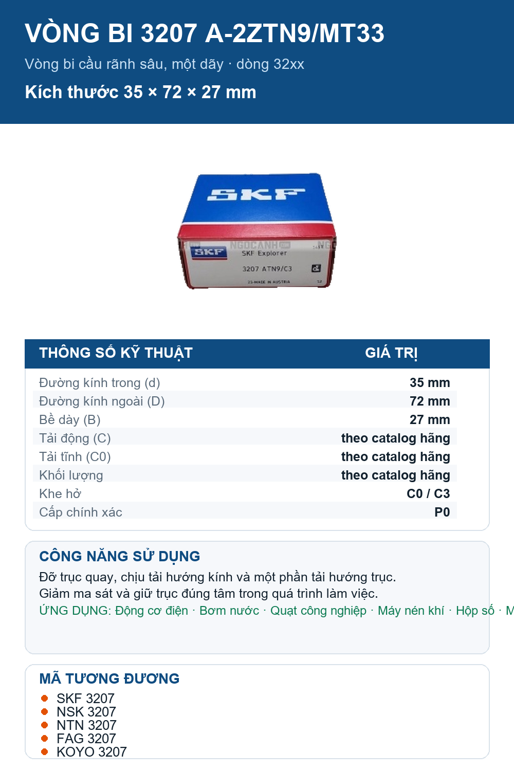 Vòng bi SKF 3207 A-2ZTN9/MT33 35x72x27mm — Ảnh thông số (Pinterest)