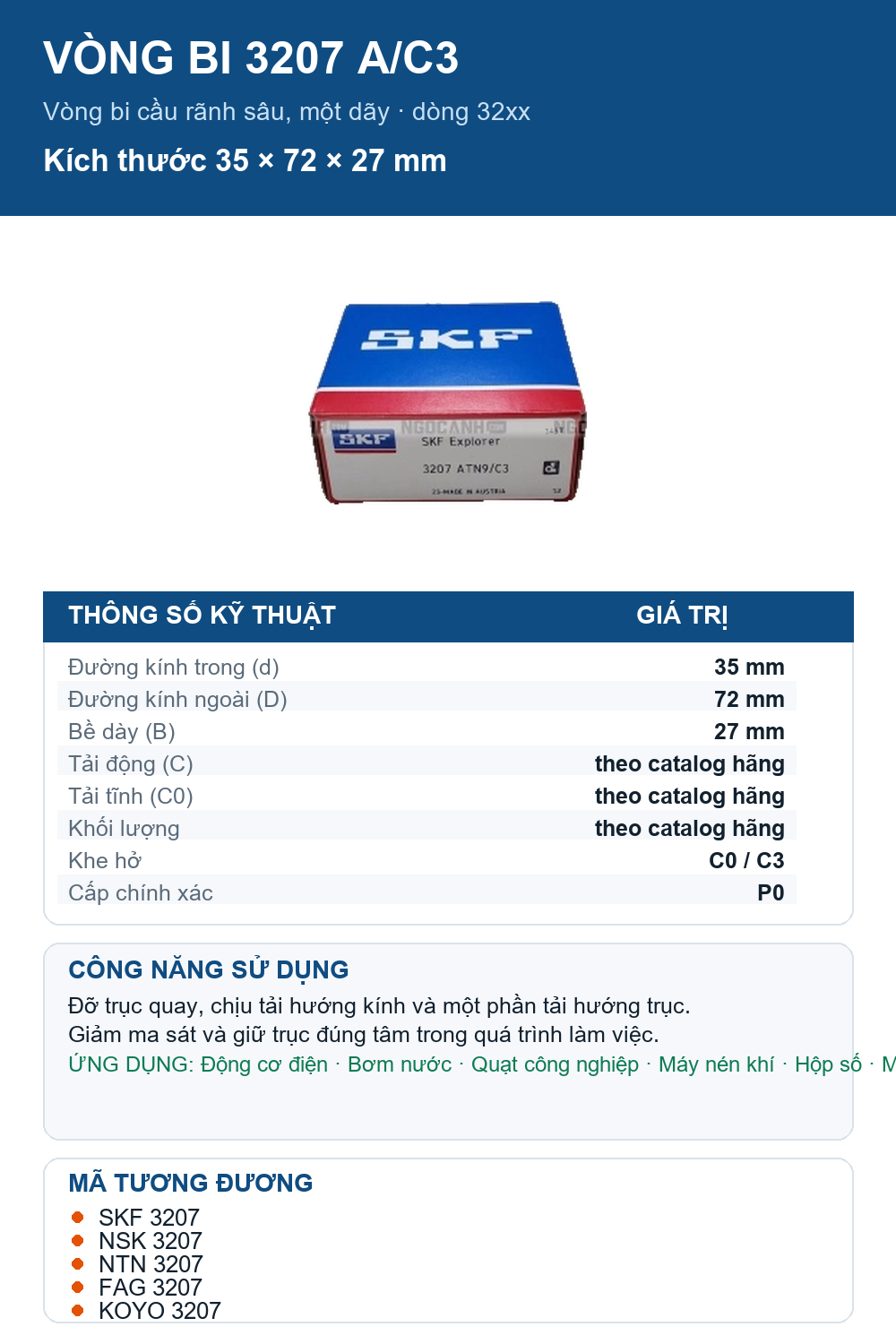 Vòng bi SKF 3207 A/C3 35x72x27mm — Ảnh thông số (Pinterest)