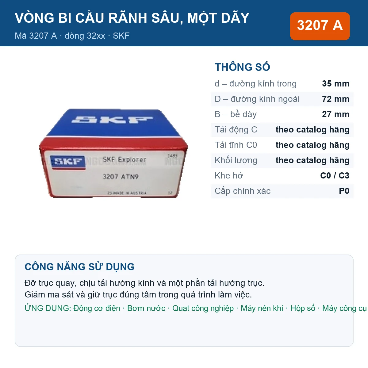Vòng bi SKF 3207 A — kích thước 35x72x27mm