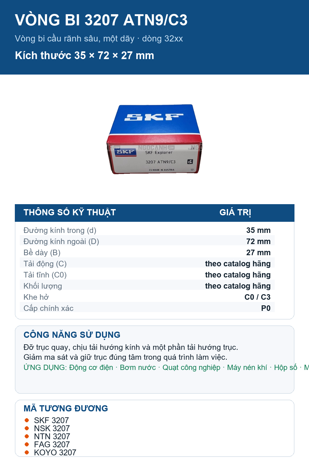 Vòng bi SKF 3207 ATN9/C3 35x72x27mm — Ảnh thông số (Pinterest)