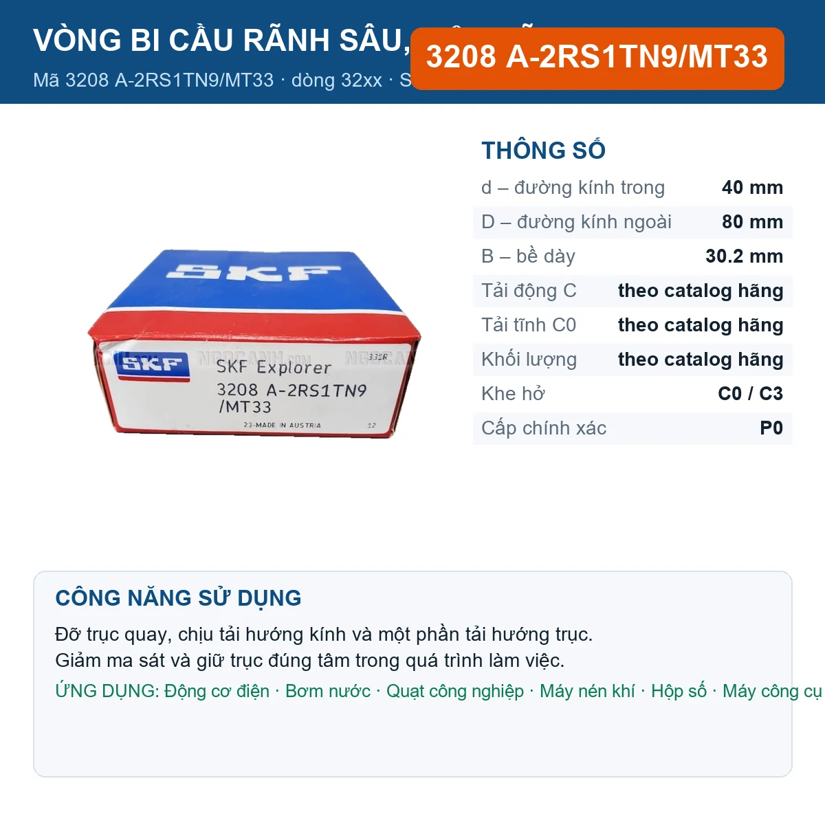Vòng bi SKF 3208 A-2RS1TN9/MT33 — kích thước 40x80x30.2mm