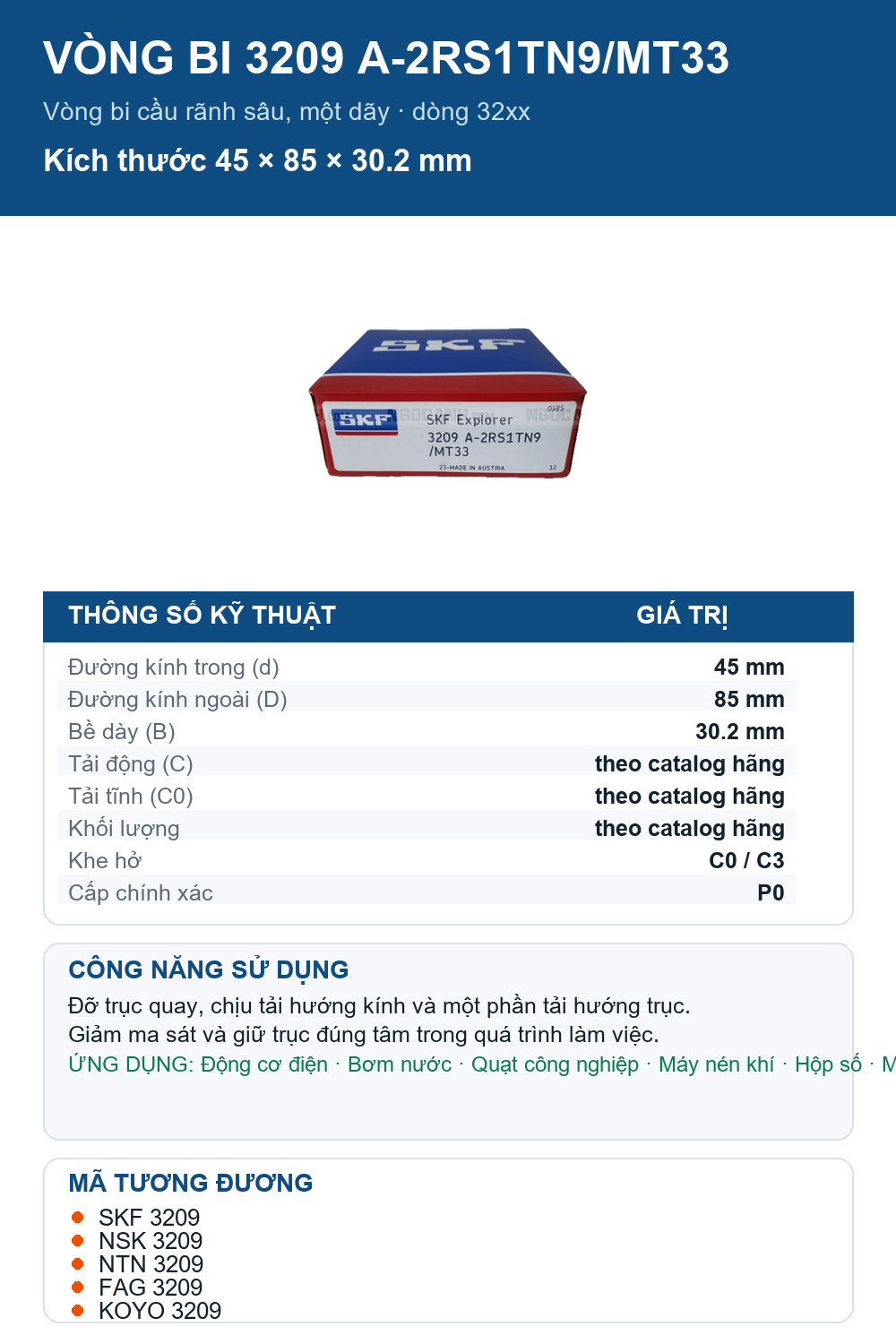 Vòng bi SKF 3209 A-2RS1TN9/MT33 45x85x30.2mm — Ảnh thông số (Pinterest)