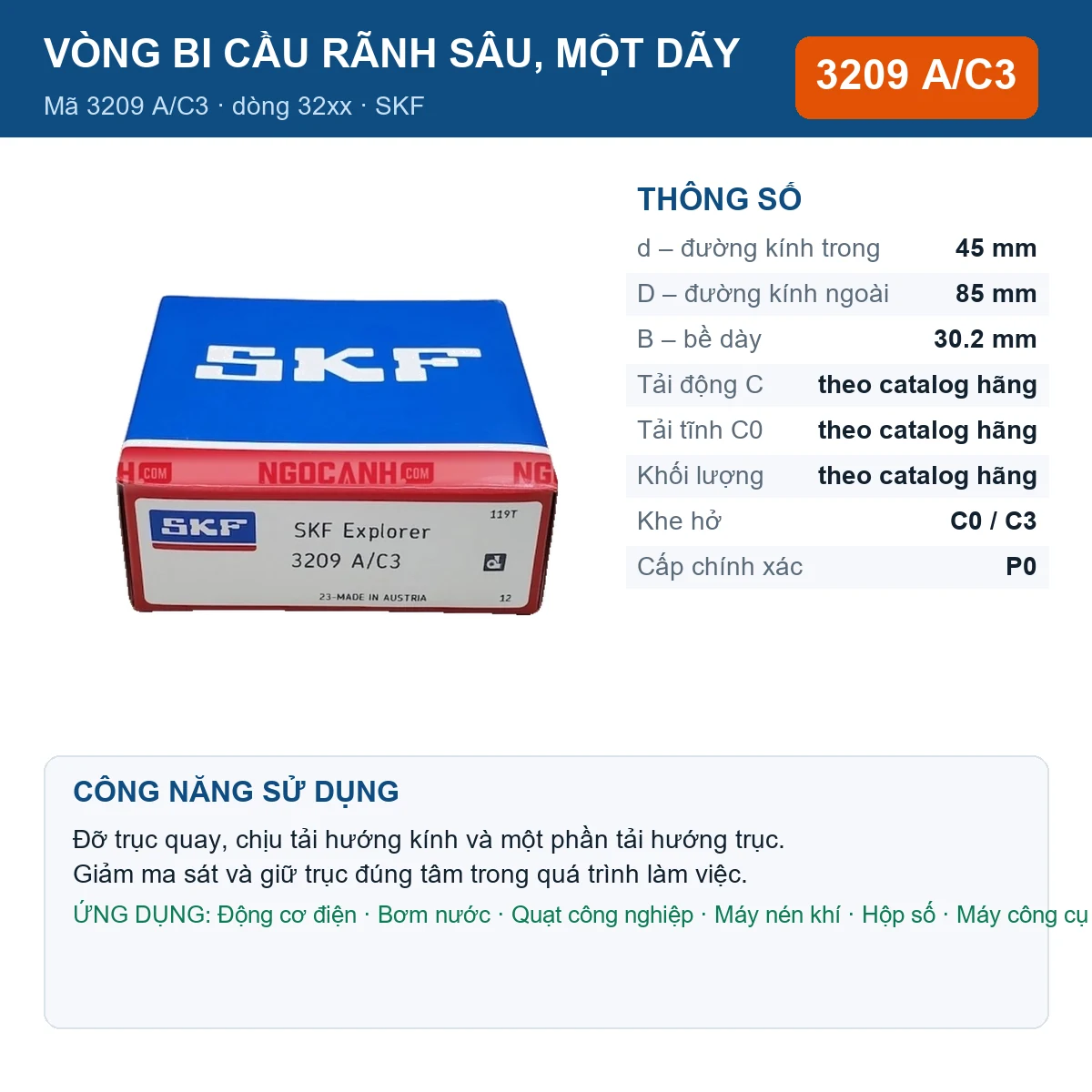 Vòng bi SKF 3209 A/C3 — kích thước 45x85x30.2mm