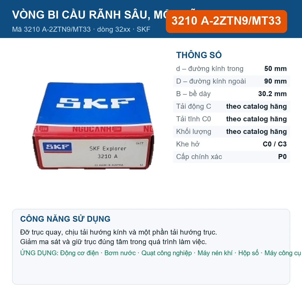 Vòng bi SKF 3210 A-2ZTN9/MT33 — kích thước 50x90x30.2mm
