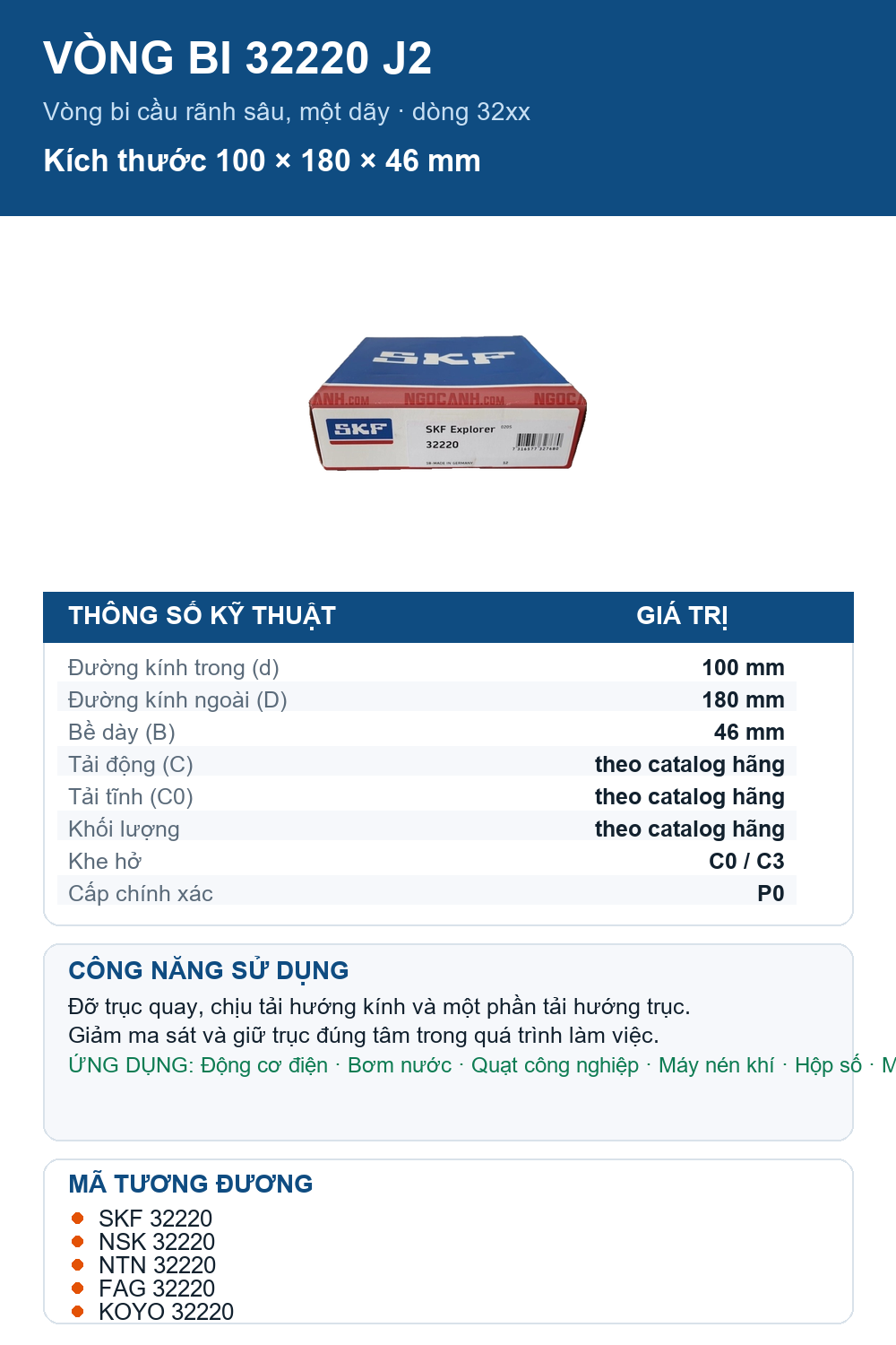 Vòng bi SKF 32220 J2 100x180x46mm — Ảnh thông số (Pinterest)