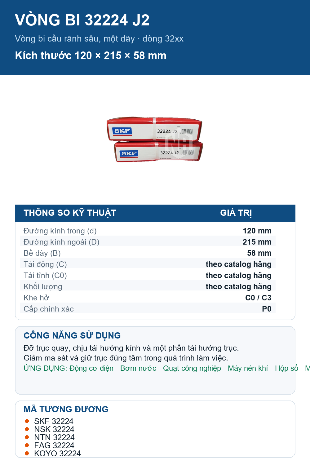 Vòng bi SKF 32224 J2 120x215x58mm — Ảnh thông số (Pinterest)