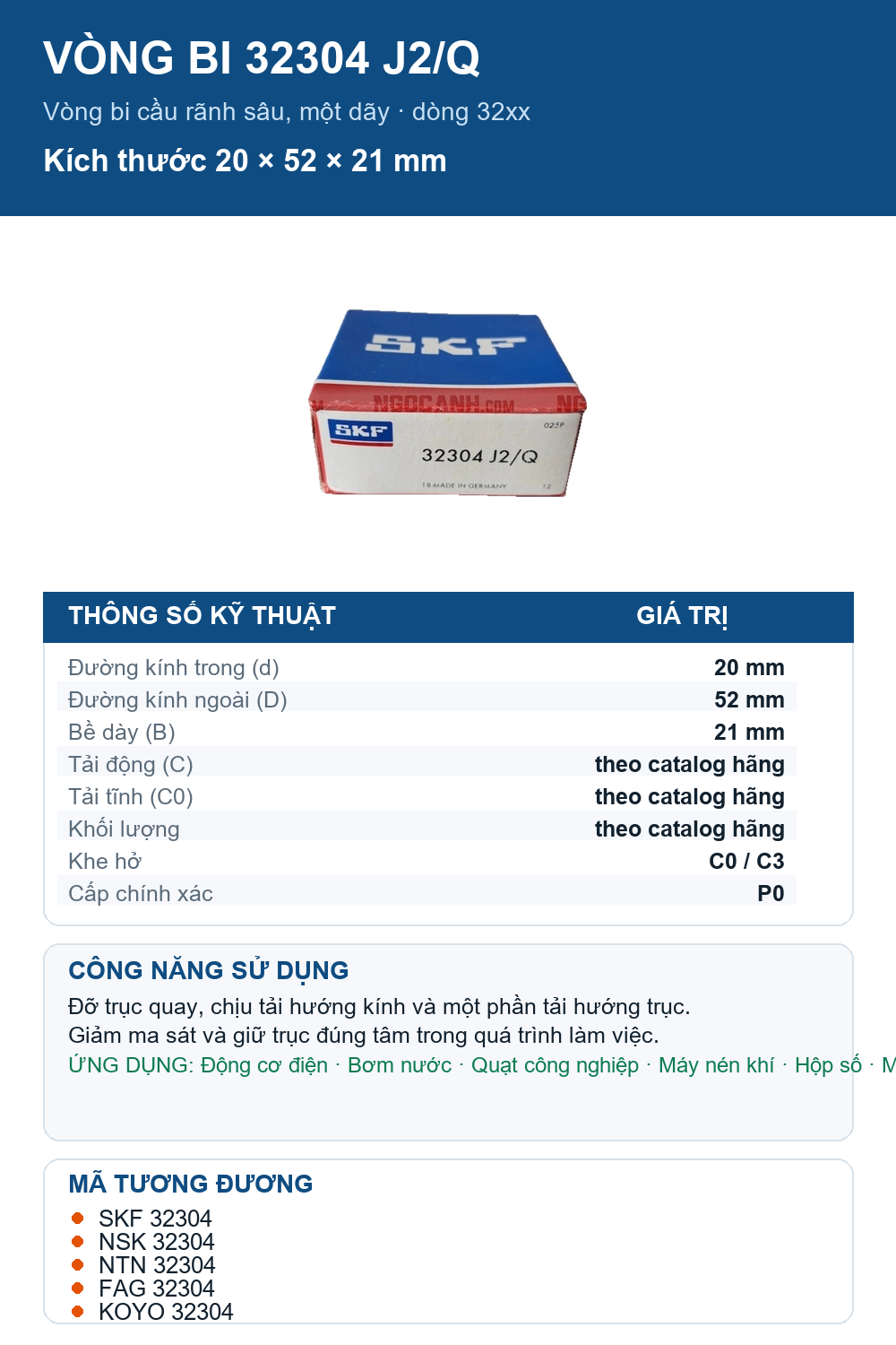 Vòng bi SKF 32304 J2/Q 20x52x21mm — Ảnh thông số (Pinterest)