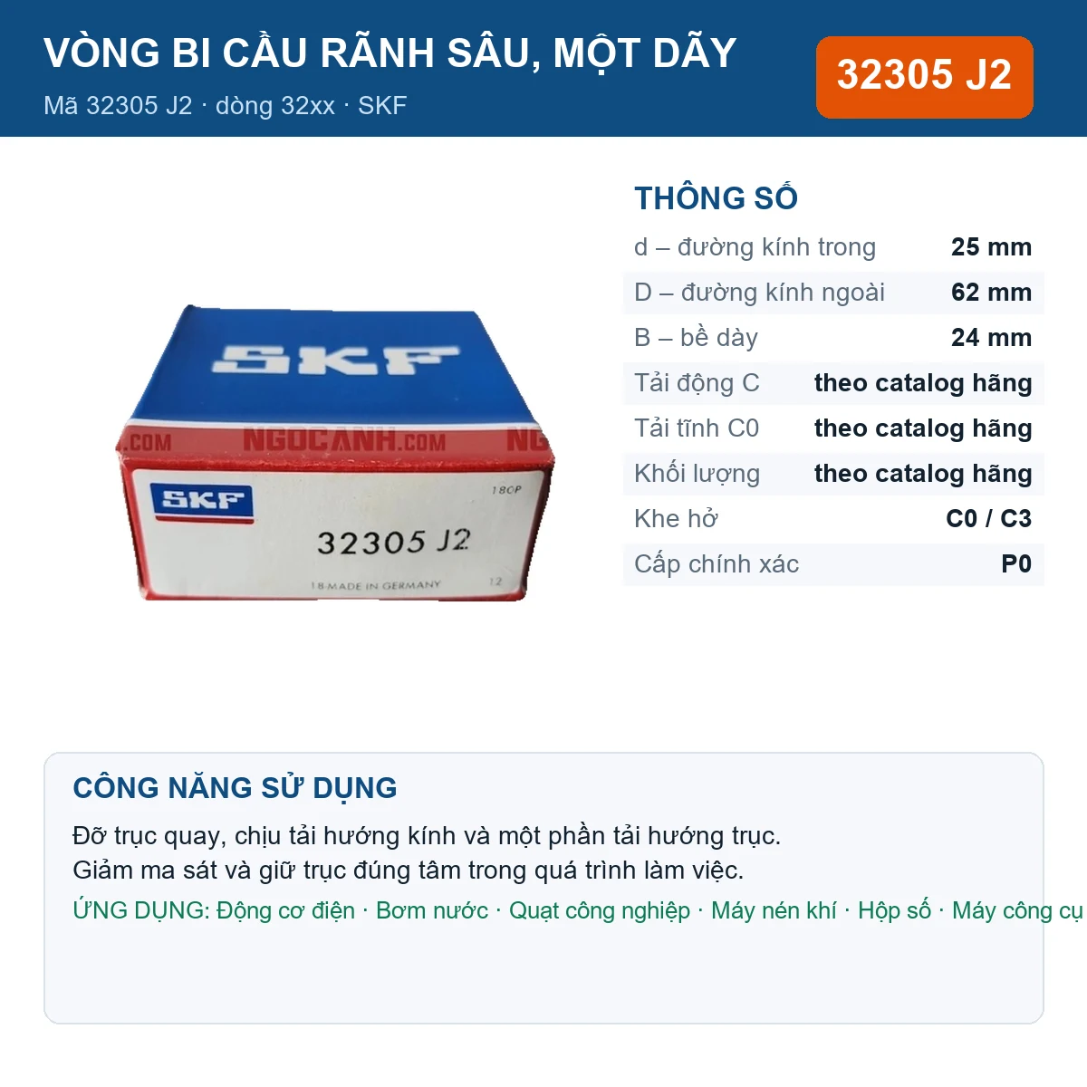 Vòng bi SKF 32305 J2 — kích thước 25x62x24mm