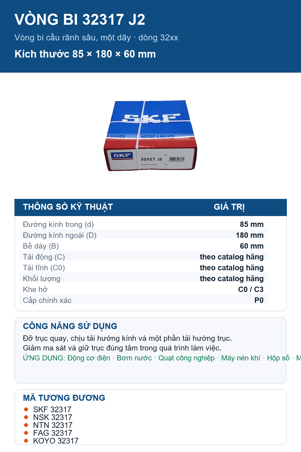 Vòng bi SKF 32317 J2 85x180x60mm — Ảnh thông số (Pinterest)