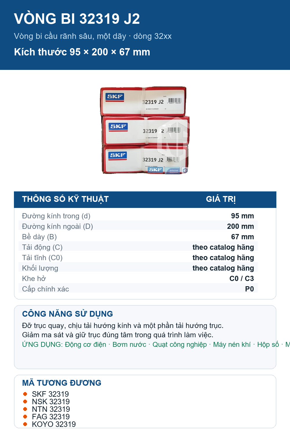 Vòng bi SKF 32319 J2 95x200x67mm — Ảnh thông số (Pinterest)