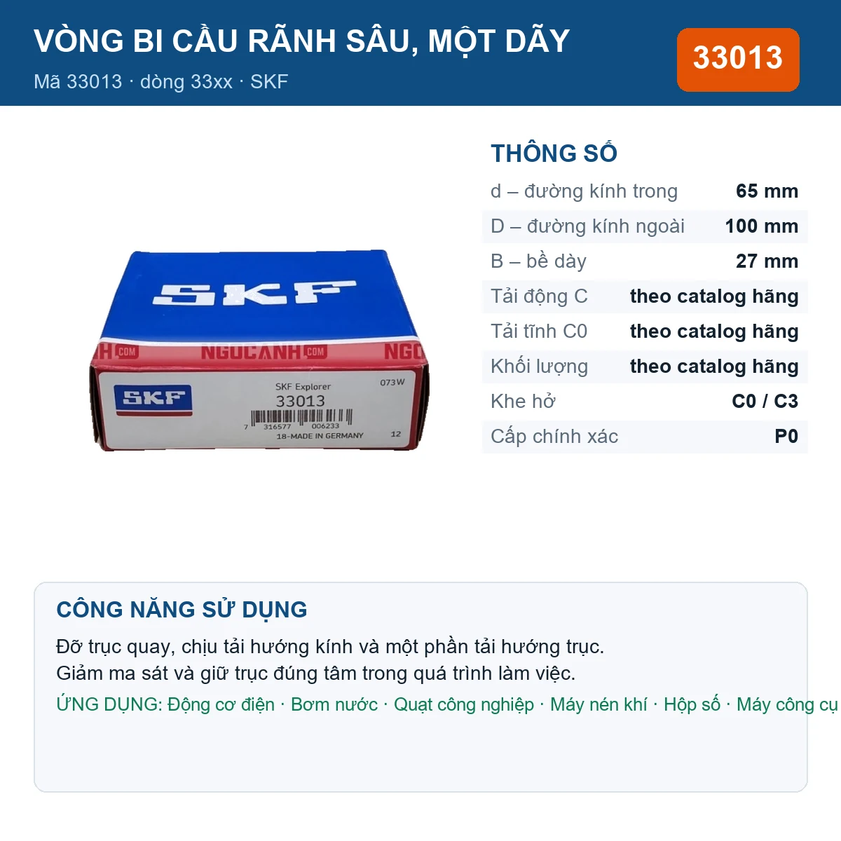 Vòng bi SKF 33013 65x100x27mm — Ảnh đăng sản phẩm (web)