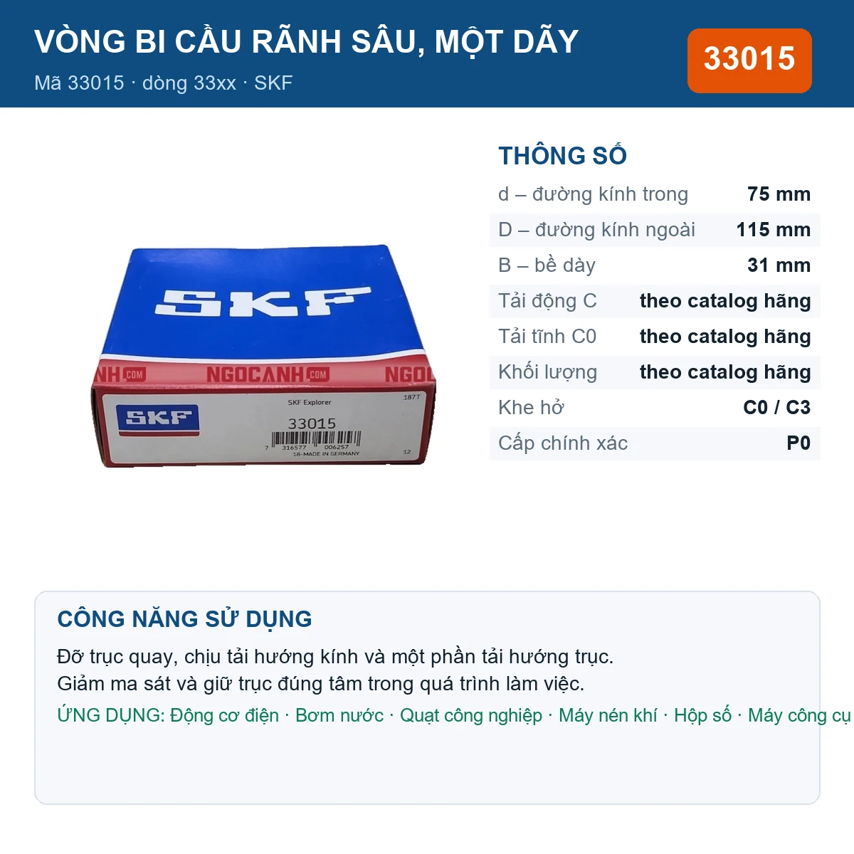Vòng bi SKF 33015 75x115x31mm — Ảnh đăng sản phẩm (web)