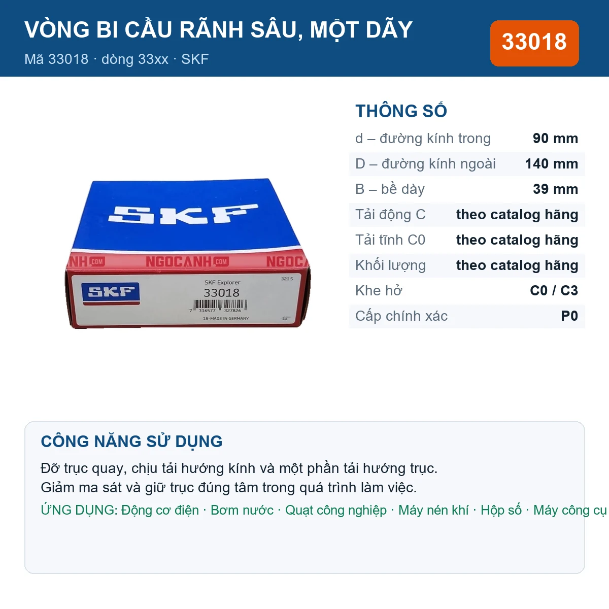 Vòng bi SKF 33018 90x140x39mm — Ảnh đăng sản phẩm (web)