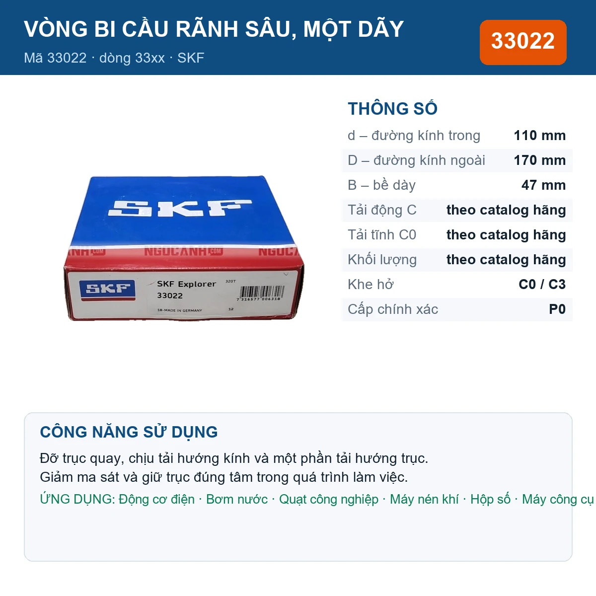 Vòng bi SKF 33022 110x170x47mm — Ảnh đăng sản phẩm (web)