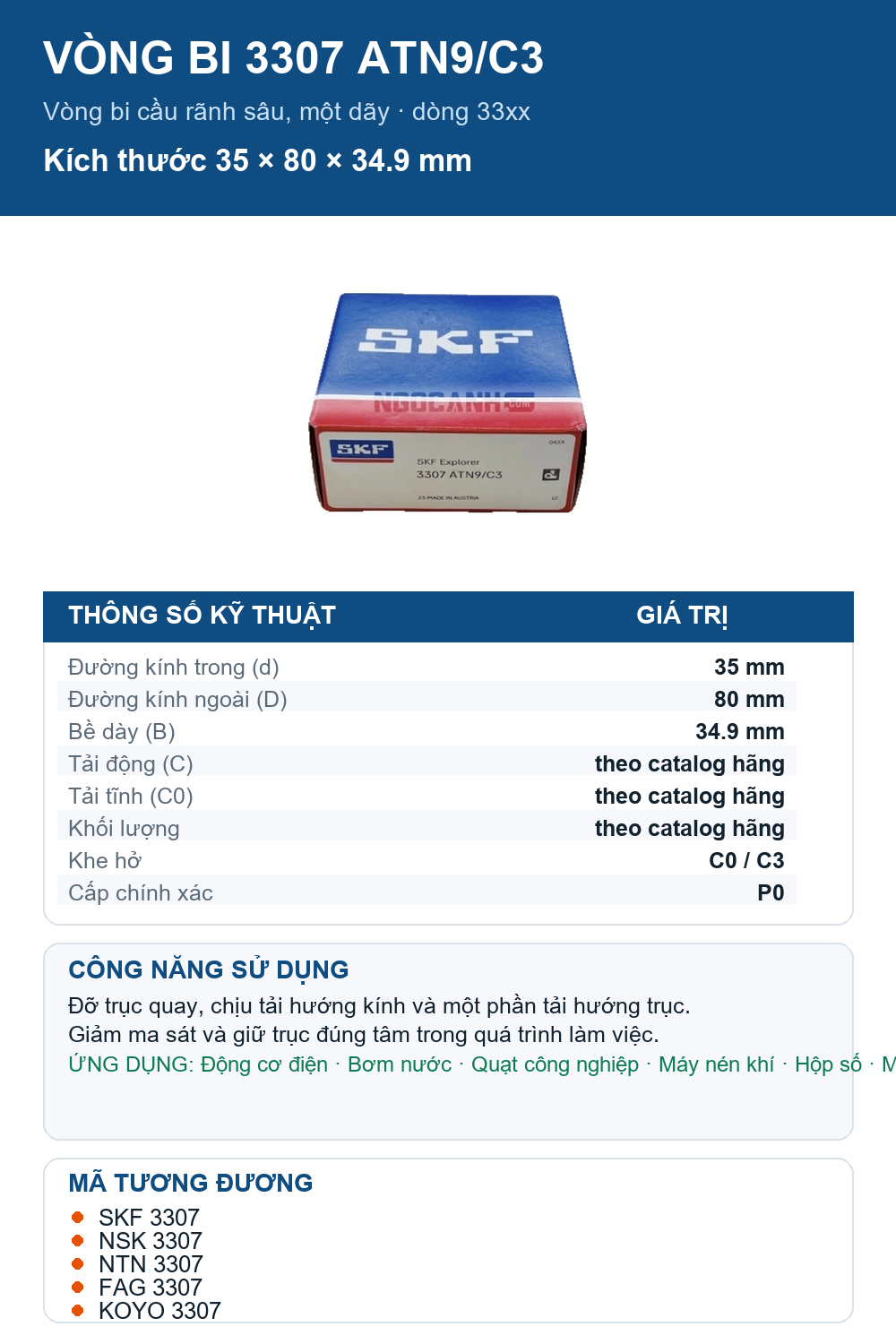 Vòng bi SKF 3307 ATN9/C3 35x80x34.9mm — Ảnh thông số (Pinterest)