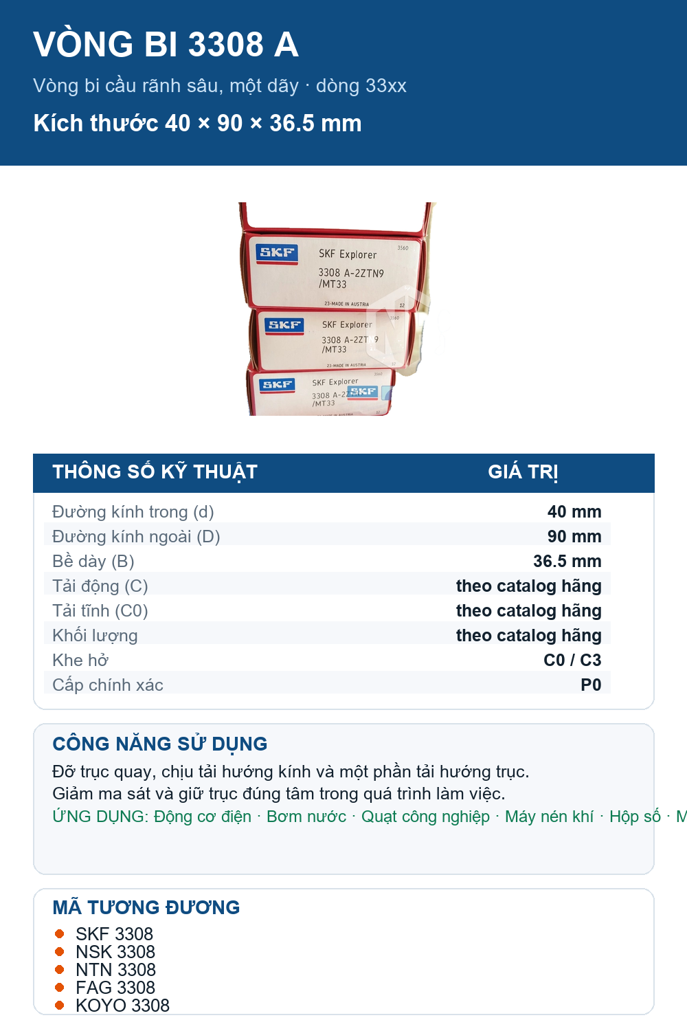 Vòng bi SKF 3308 A 40x90x36.5mm — Ảnh thông số (Pinterest)