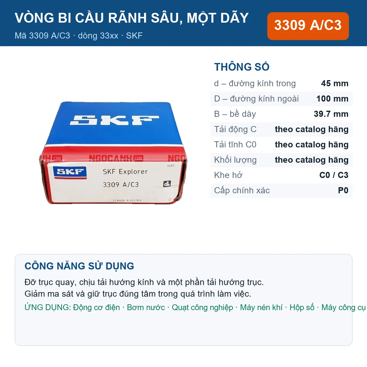 Vòng bi SKF 3309 A/C3 — kích thước 45x100x39.7mm