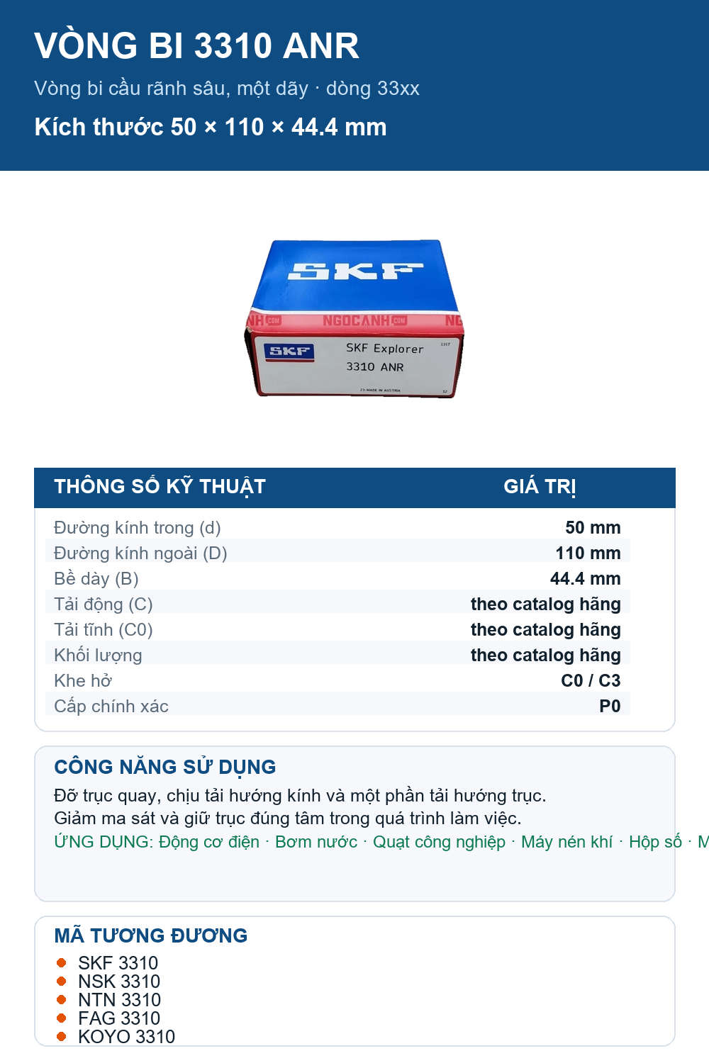 Vòng bi SKF 3310 ANR 50x110x44.4mm — Ảnh thông số (Pinterest)