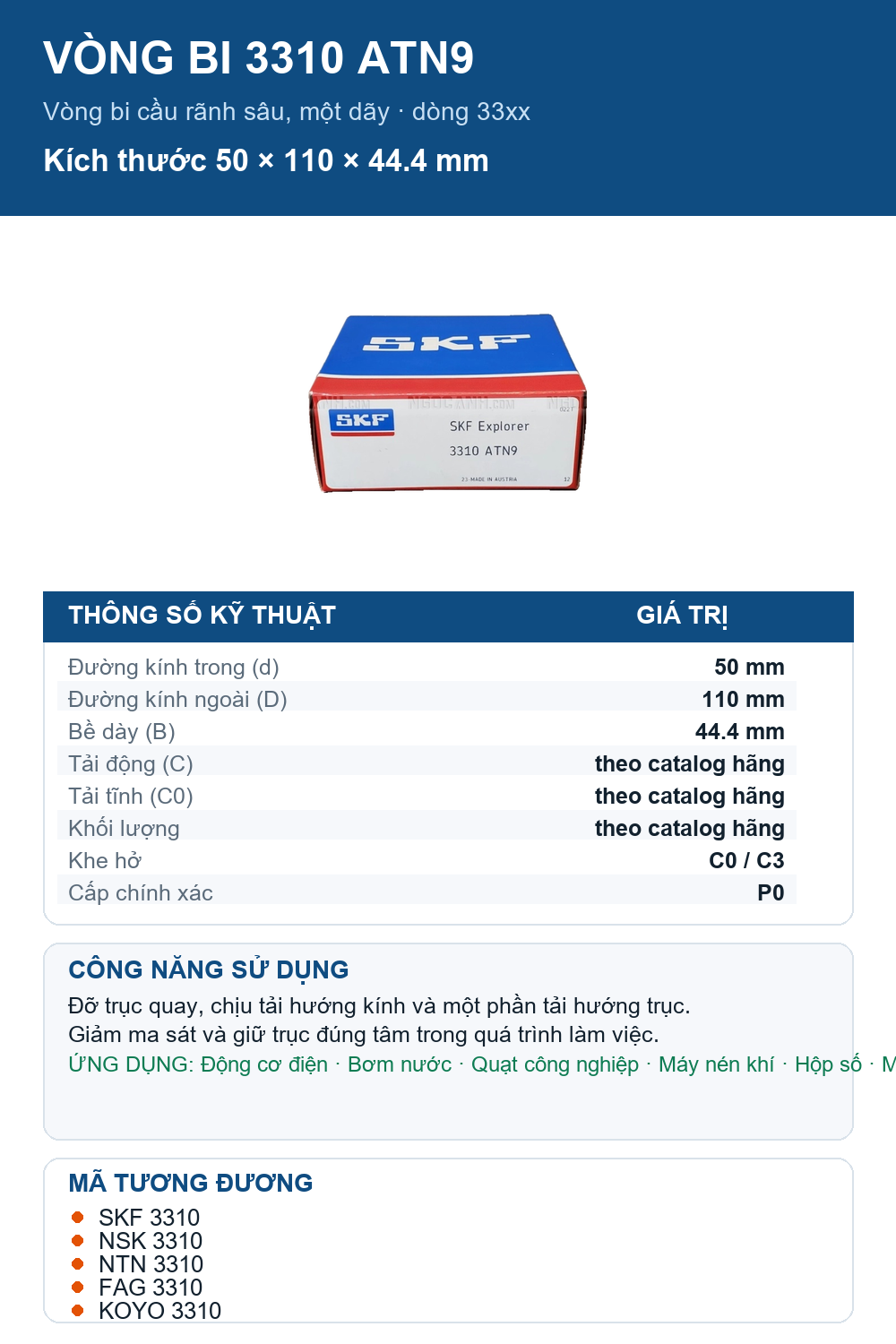 Vòng bi SKF 3310 ATN9 50x110x44.4mm — Ảnh thông số (Pinterest)