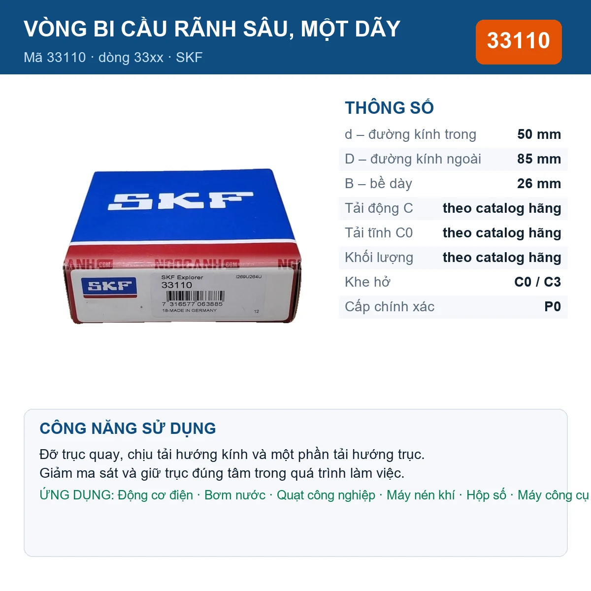 Vòng bi SKF 33110 50x85x26mm — Ảnh đăng sản phẩm (web)