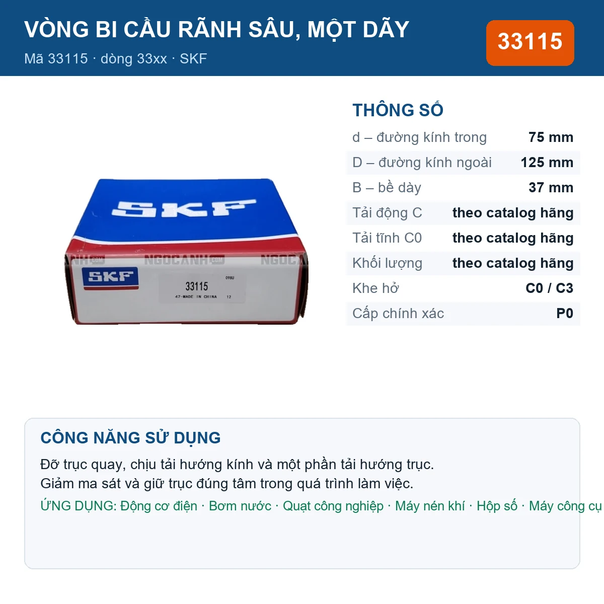 Vòng bi SKF 33115 75x125x37mm — Ảnh đăng sản phẩm (web)