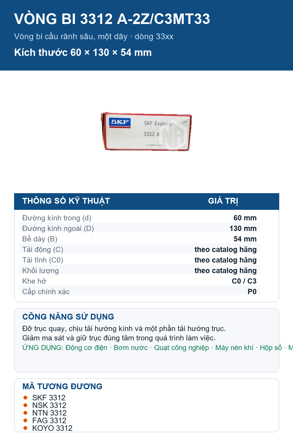 Vòng bi SKF 3312 A-2Z/C3MT33 60x130x54mm — Ảnh thông số (Pinterest)