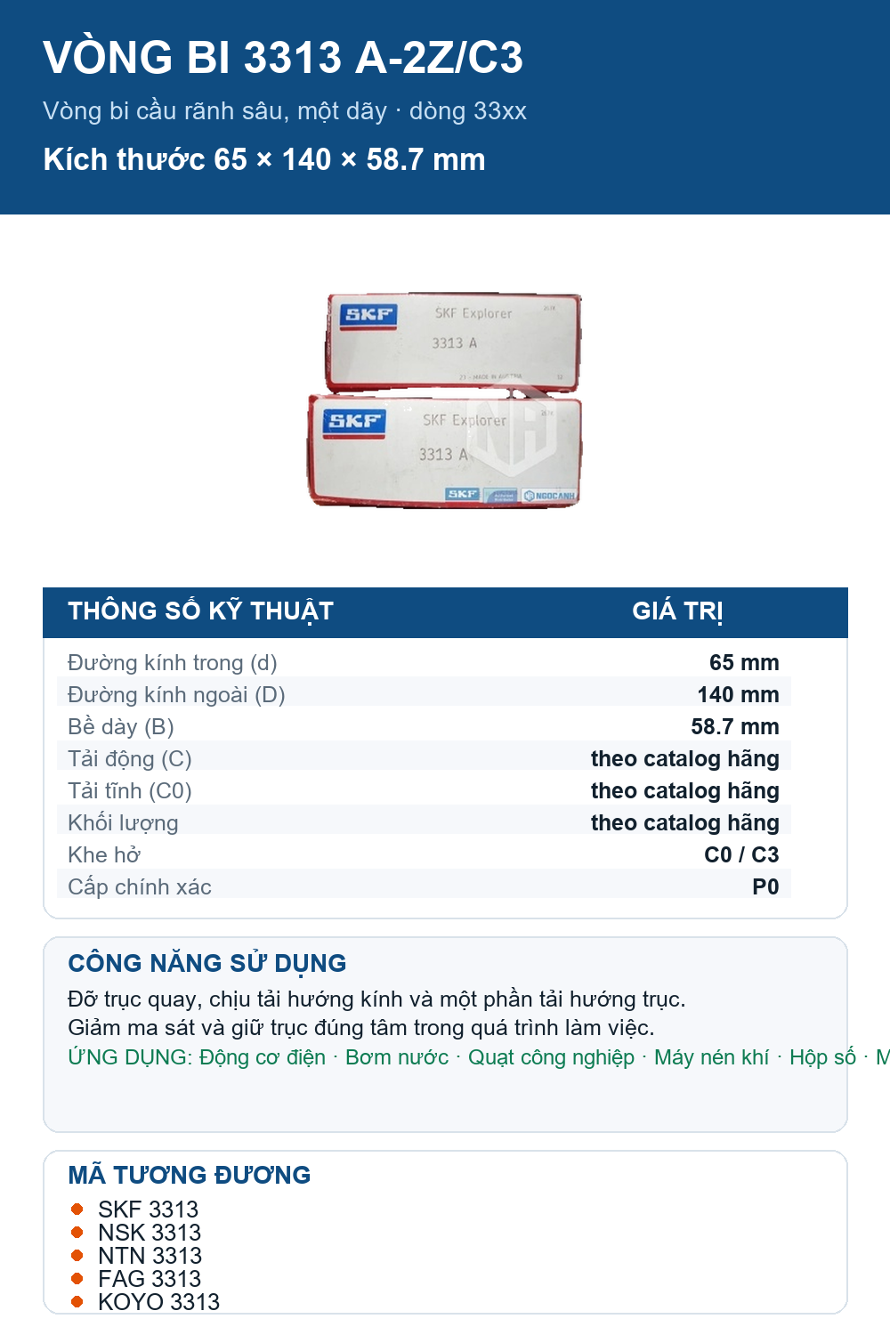 Vòng bi SKF 3313 A-2Z/C3 65x140x58.7mm — Ảnh thông số (Pinterest)