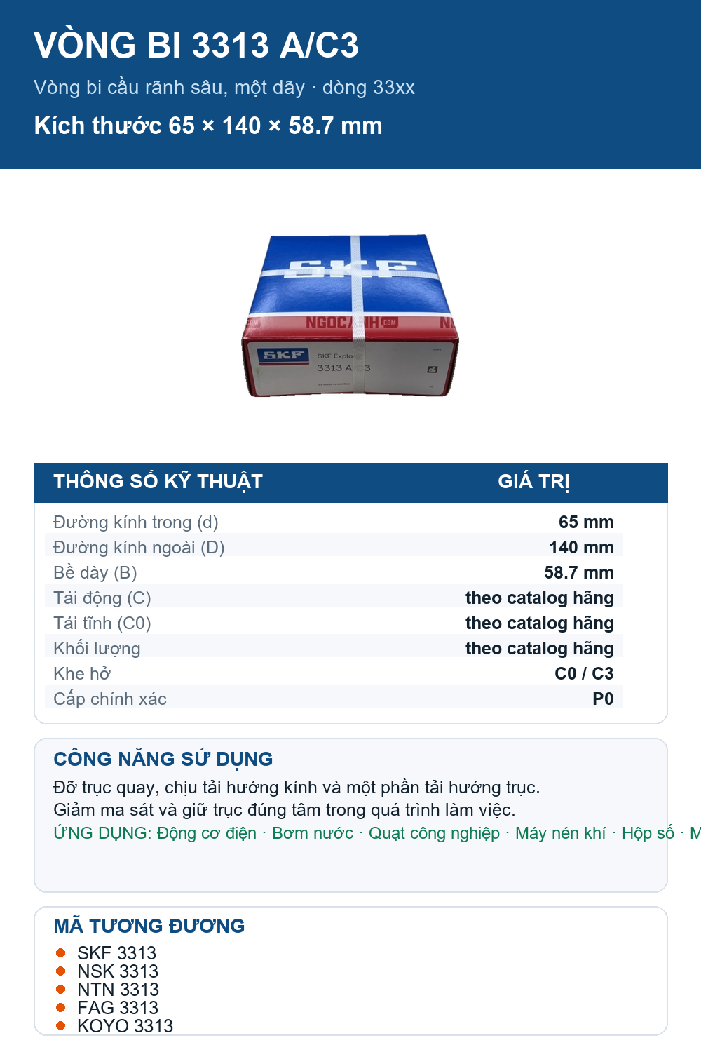 Vòng bi SKF 3313 A/C3 65x140x58.7mm — Ảnh thông số (Pinterest)