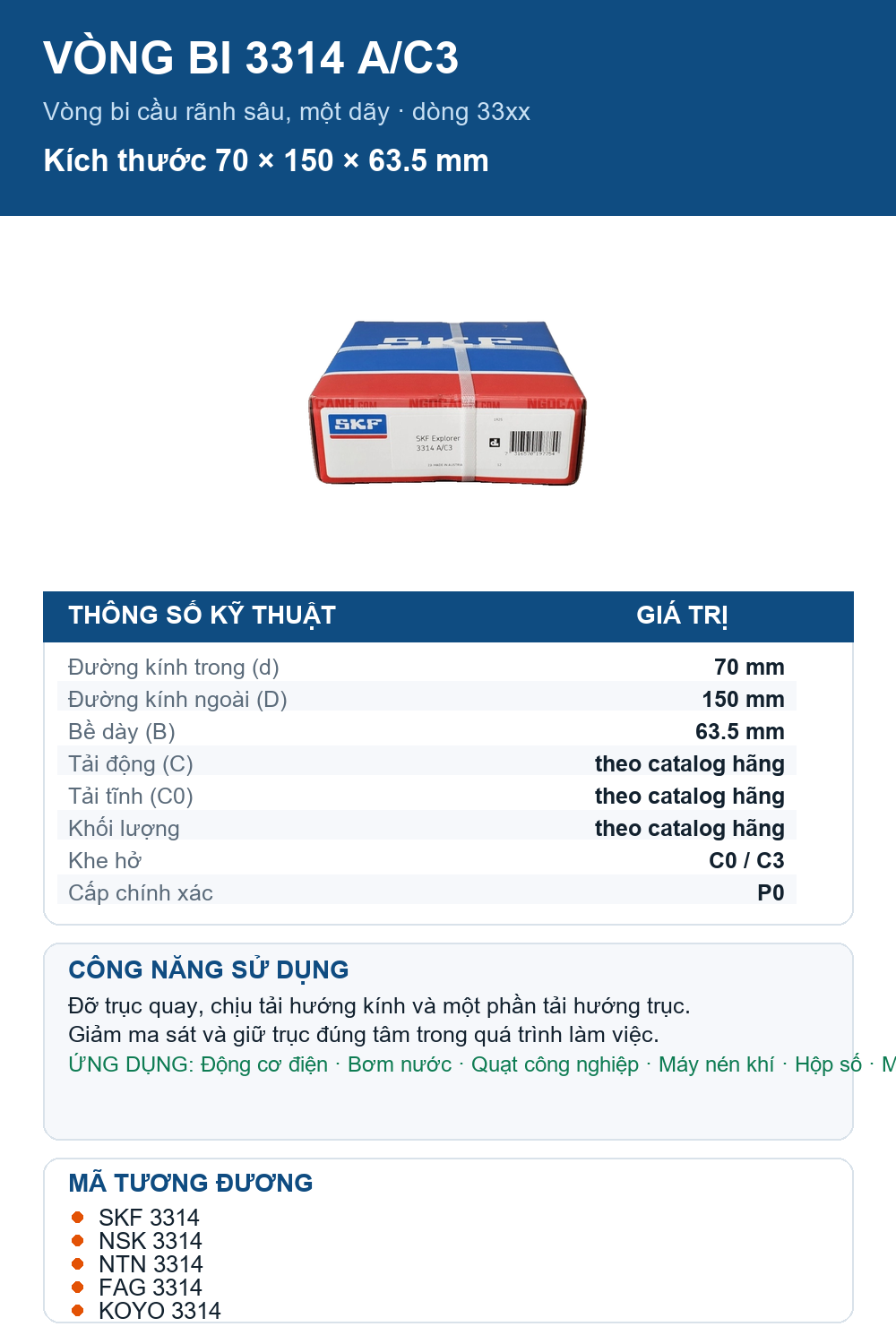 Vòng bi SKF 3314 A/C3 70x150x63.5mm — Ảnh thông số (Pinterest)