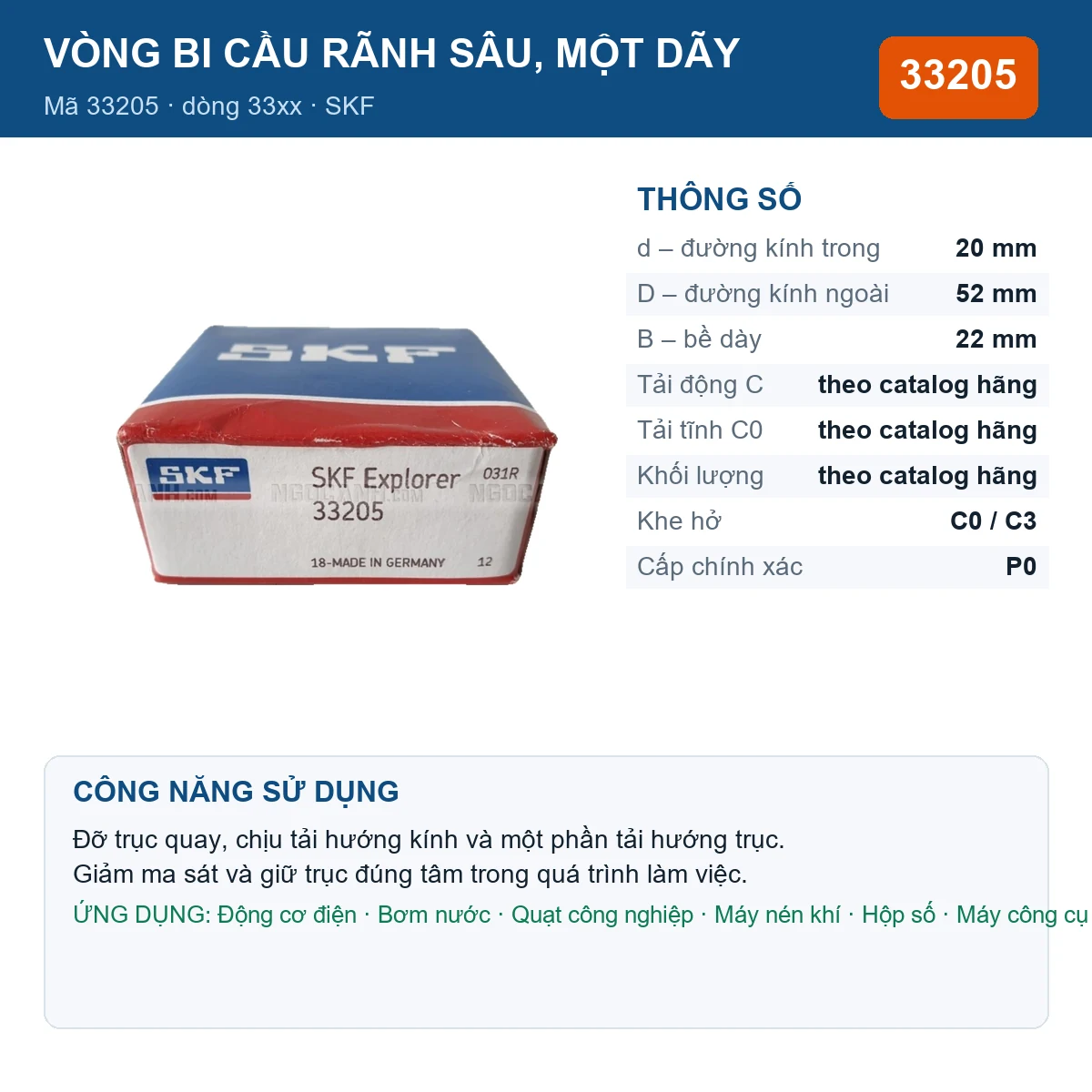 Vòng bi SKF 33205 20x52x22mm — Ảnh đăng sản phẩm (web)