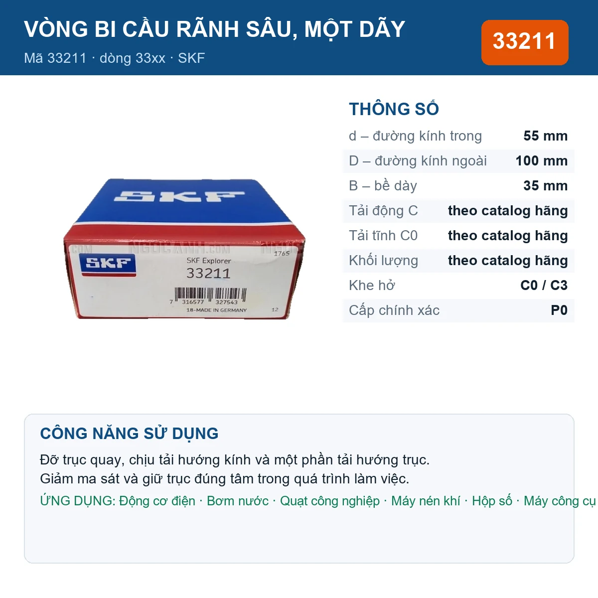Vòng bi SKF 33211 55x100x35mm — Ảnh đăng sản phẩm (web)