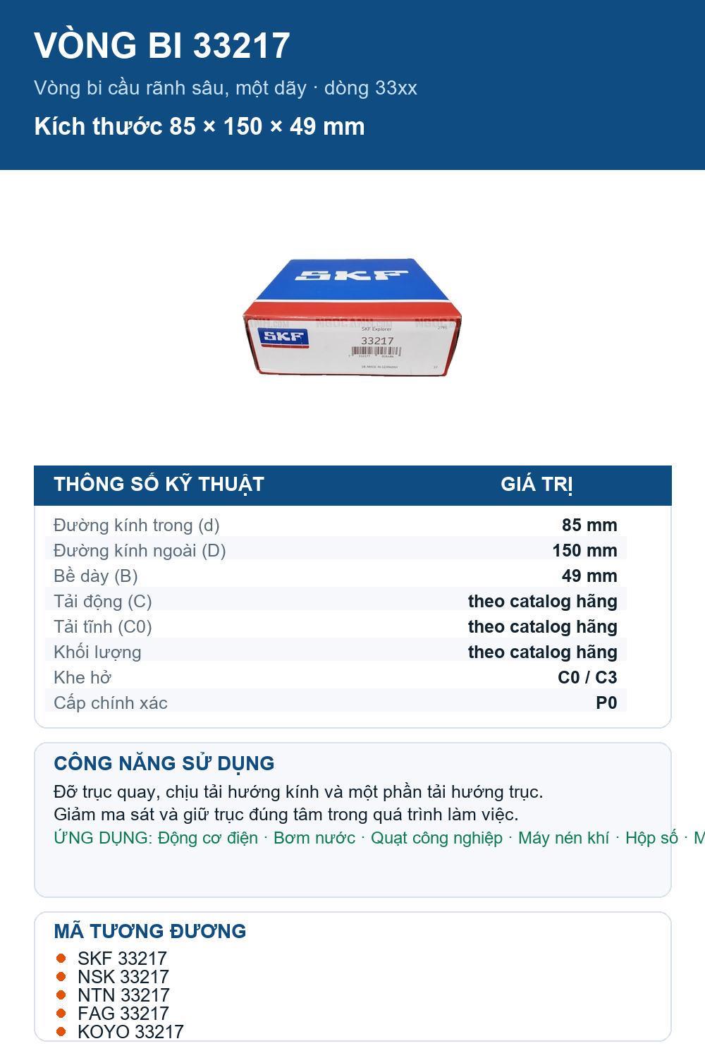 Vòng bi SKF 33217 85x150x49mm — Ảnh thông số (Pinterest)