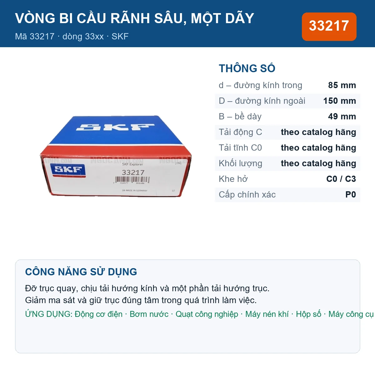 Vòng bi SKF 33217 85x150x49mm — Ảnh đăng sản phẩm (web)