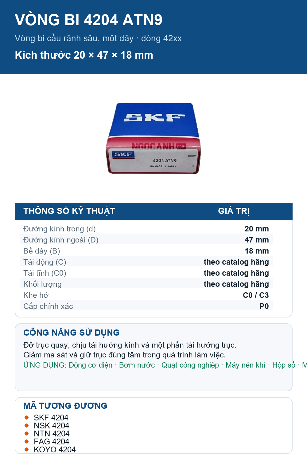 Vòng bi SKF 4204 ATN9 20x47x18mm — Ảnh thông số (Pinterest)
