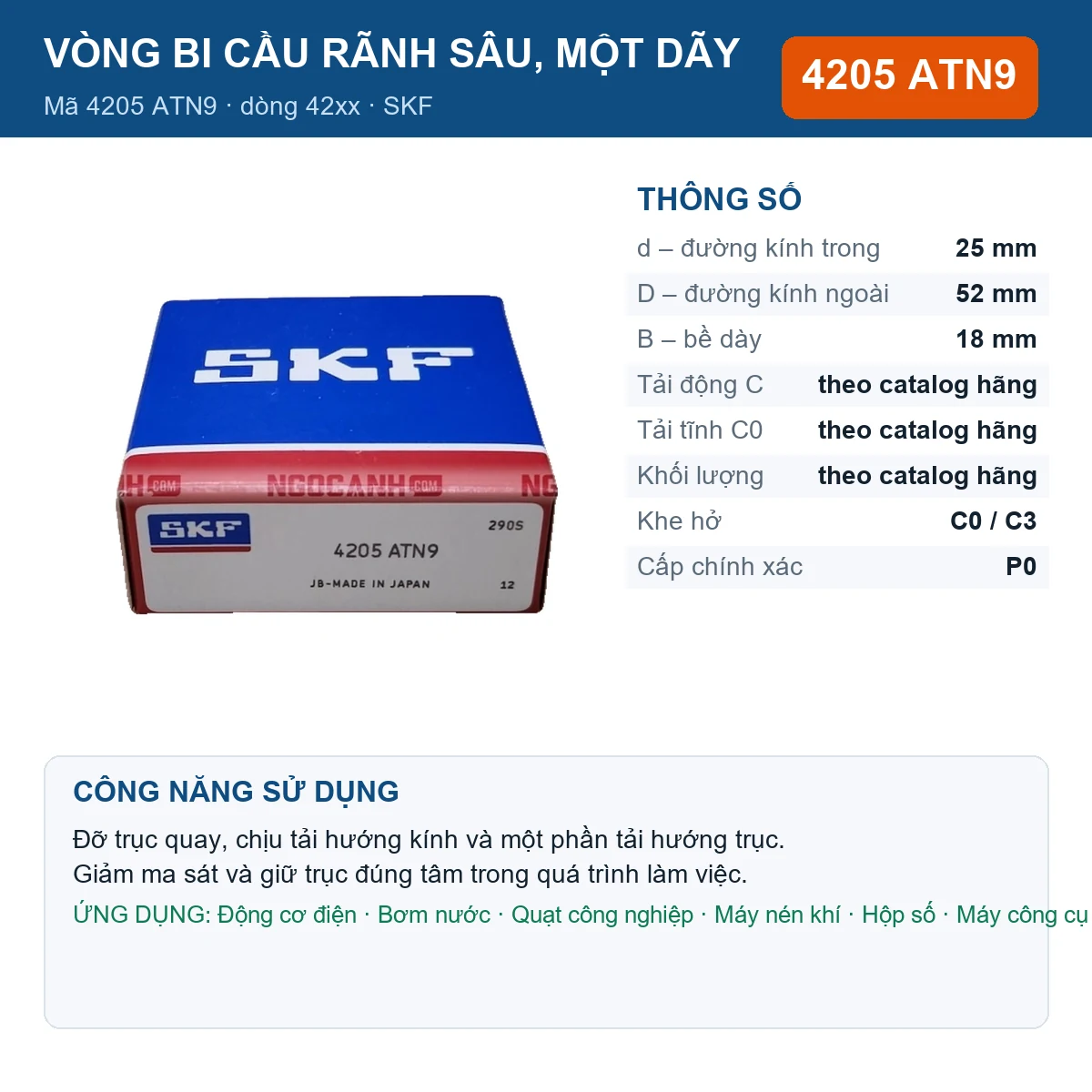 Vòng bi SKF 4205 ATN9 — kích thước 25x52x18mm