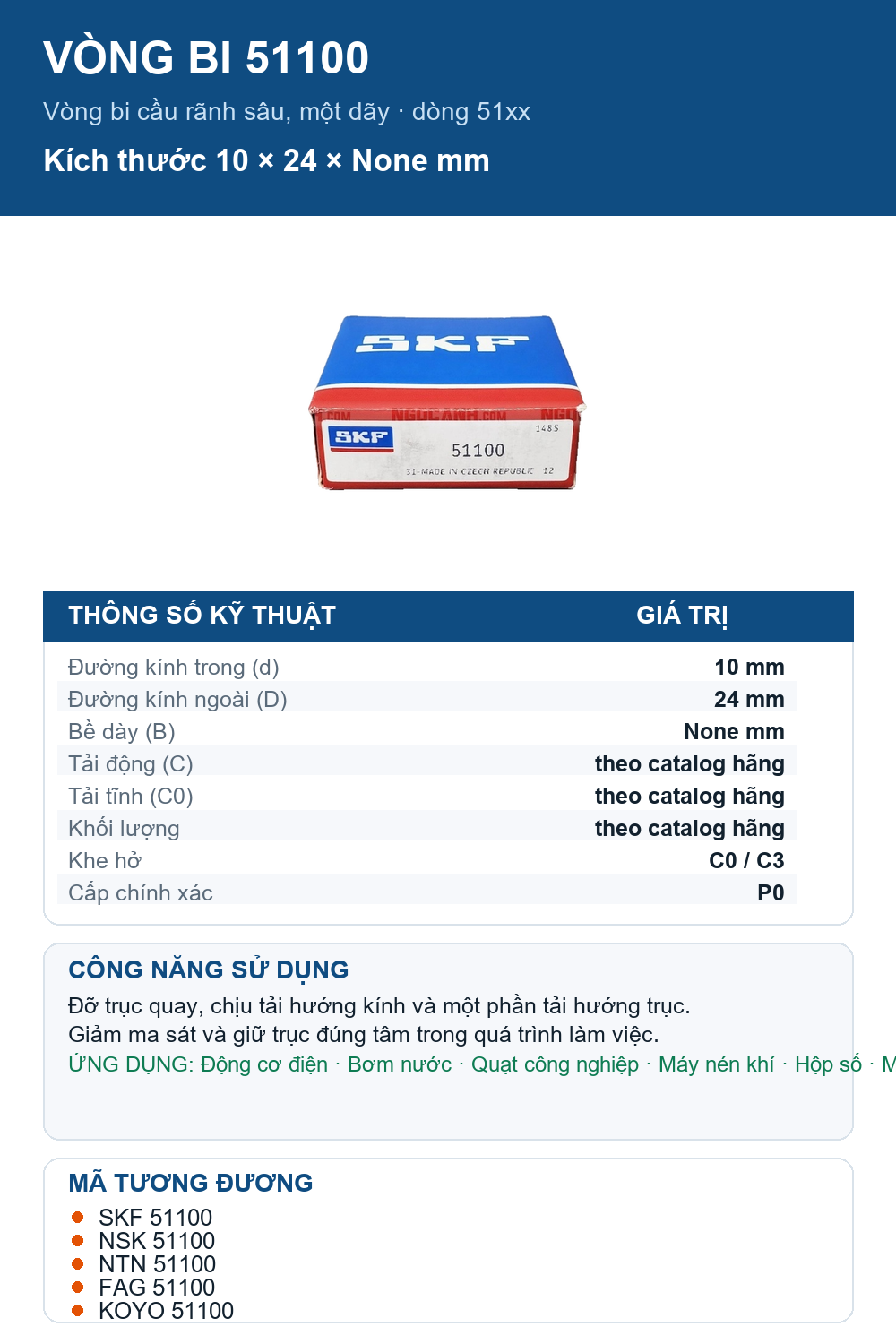 Vòng bi SKF 51100 10x24mm — Ảnh thông số (Pinterest)