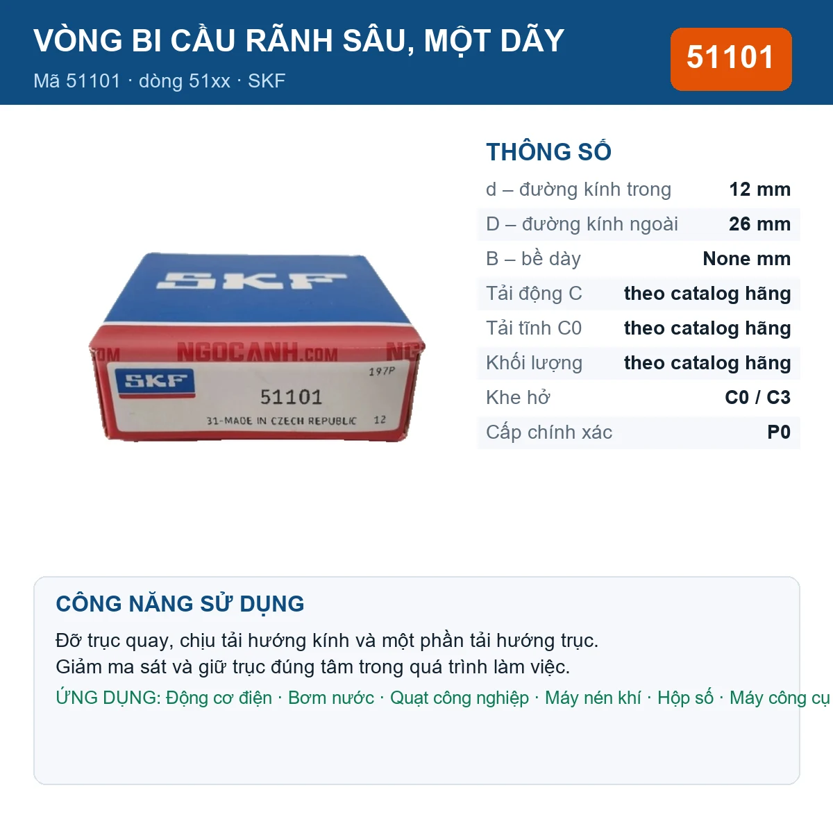 Vòng bi SKF 51101 12x26mm — Ảnh đăng sản phẩm (web)