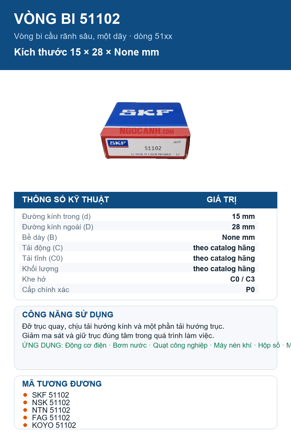 Vòng bi SKF 51102 15x28mm — Ảnh thông số (Pinterest)