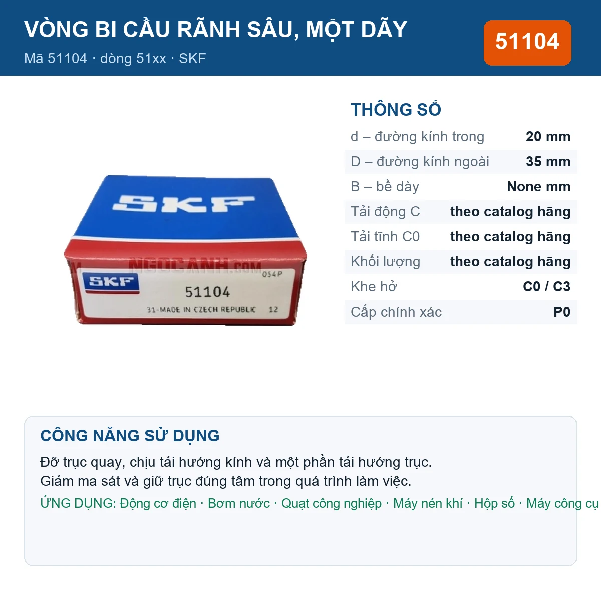 Vòng bi SKF 51104 — kích thước 20x35mm